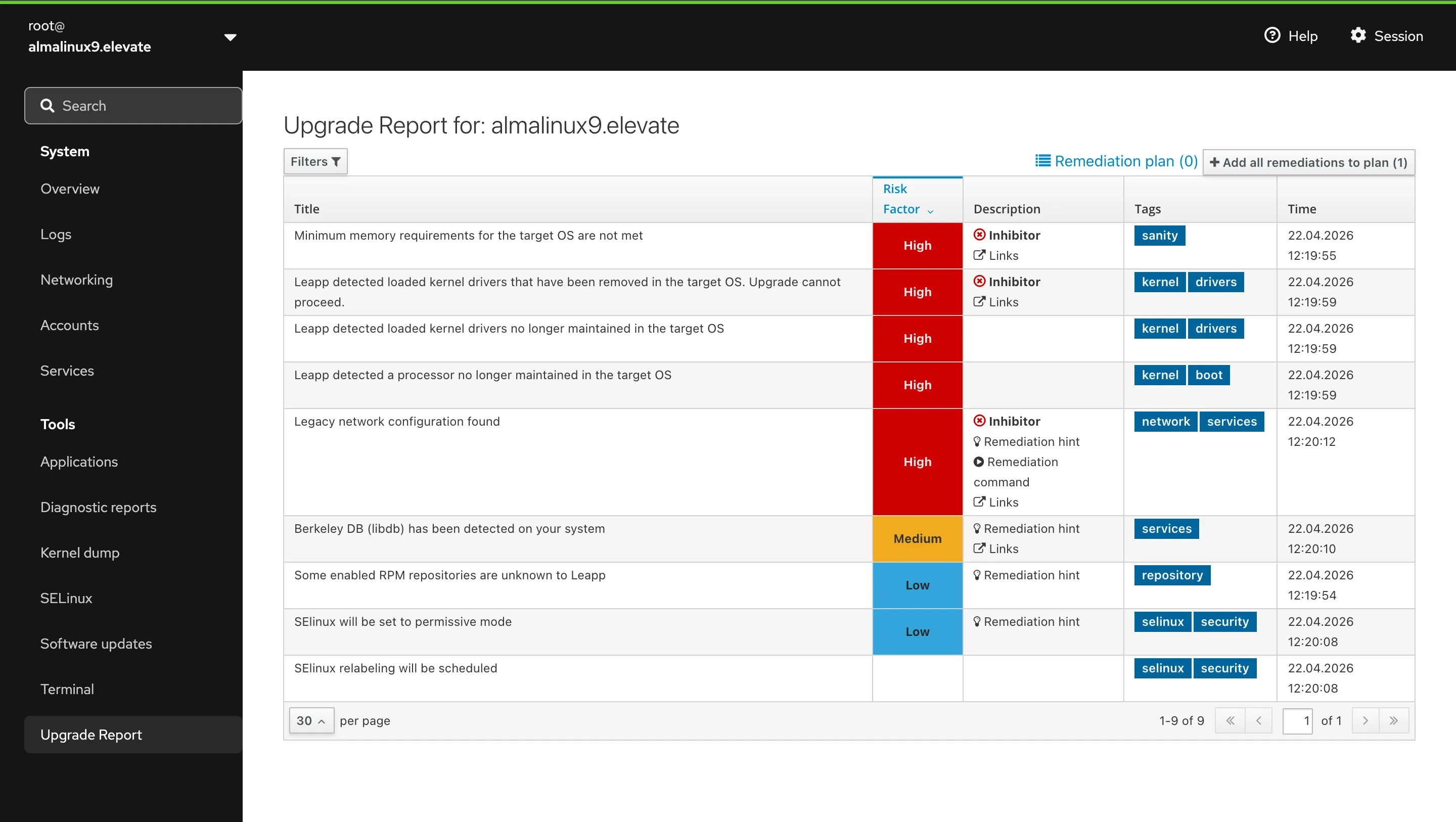 Cockpit Web UI showing the Leapp preupgrade report