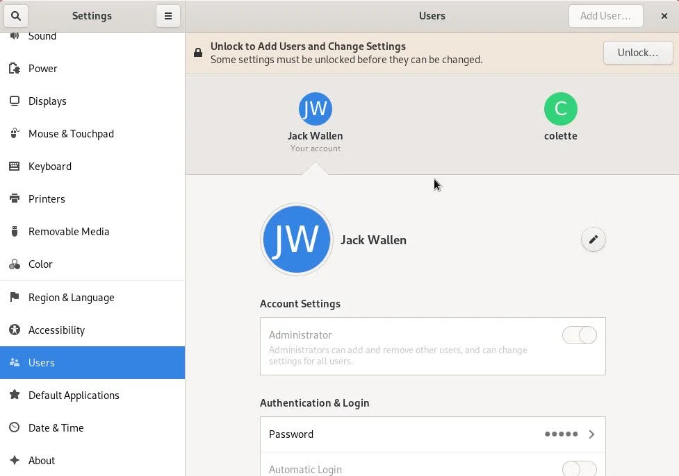 A screenshot of the Users interface of Gnome
